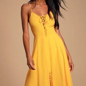 Don't Steal My Sunshine Golden Yellow Lace-Up Midi Dress | Lulus | Small